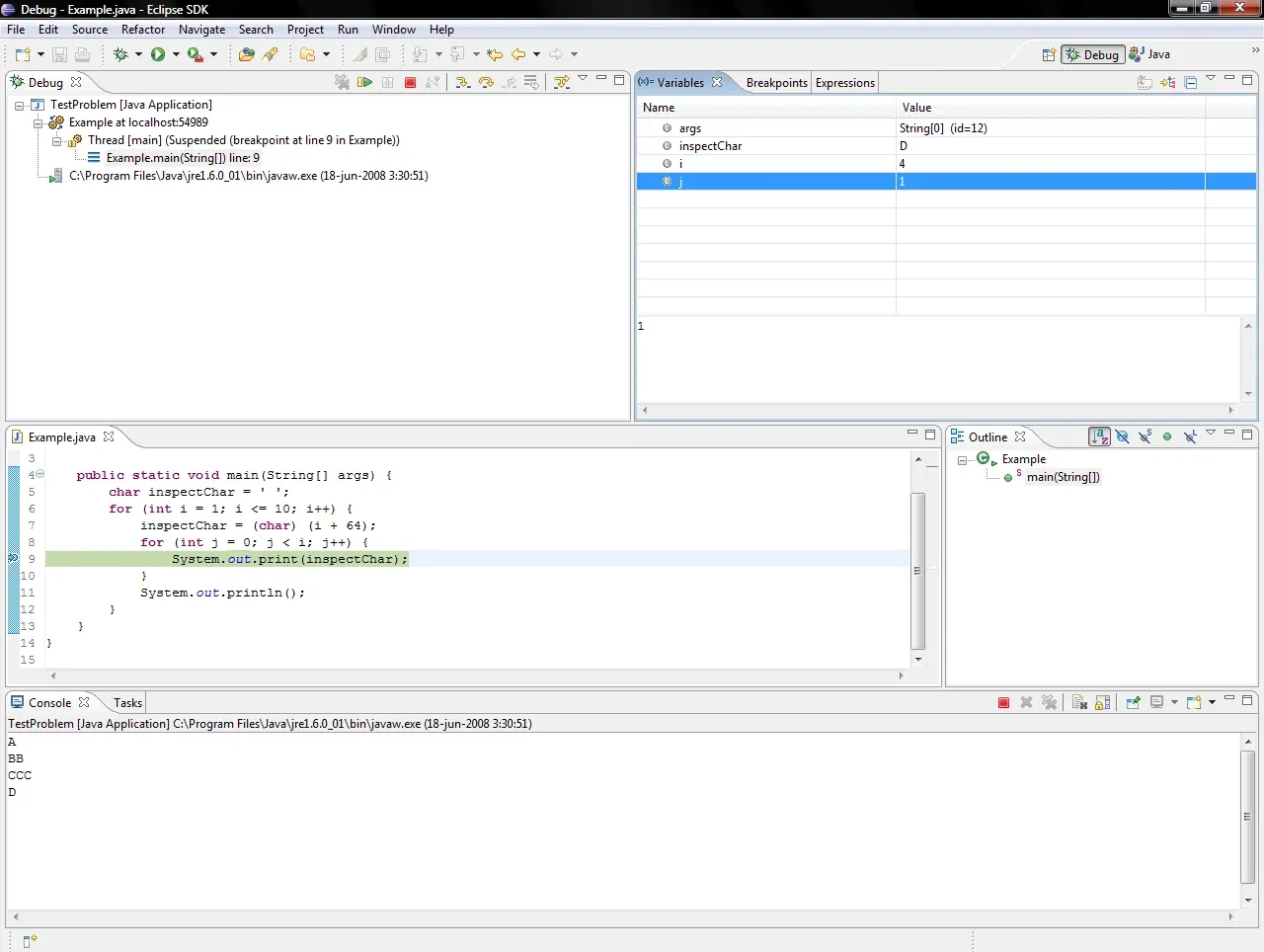 Eclipse IDE suspended at a breakpoint showing the debugging perspective