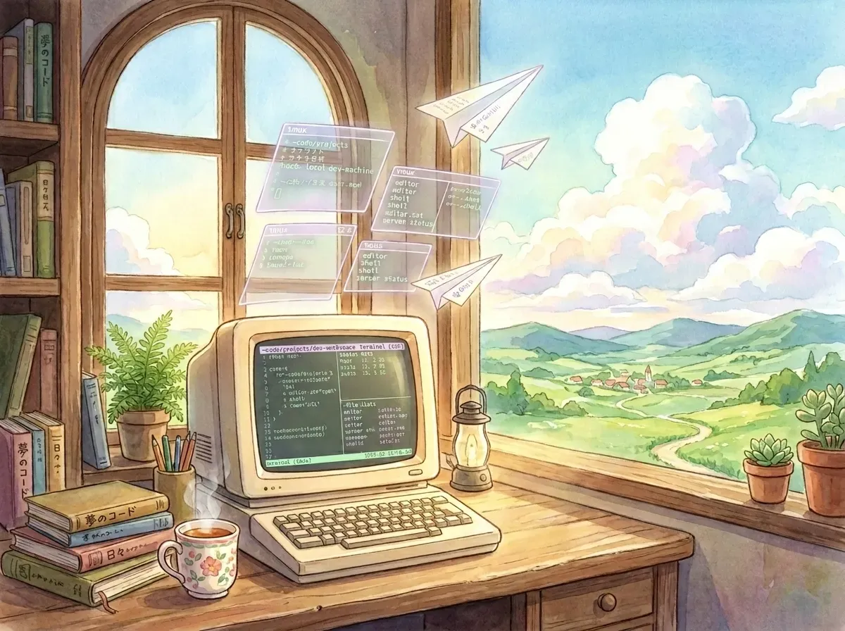 Robot companion looking at a glowing terminal screen, Studio Ghibli anime style